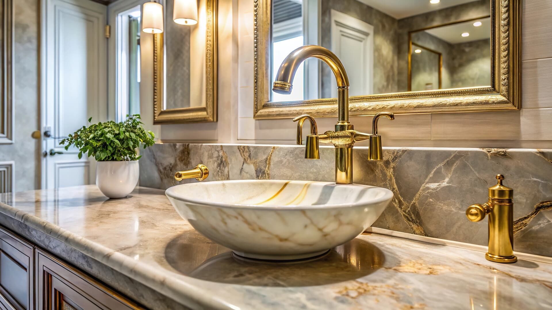 A marble vessel sink with a gold faucet sits on a polished stone countertop in a luxurious bathroom.