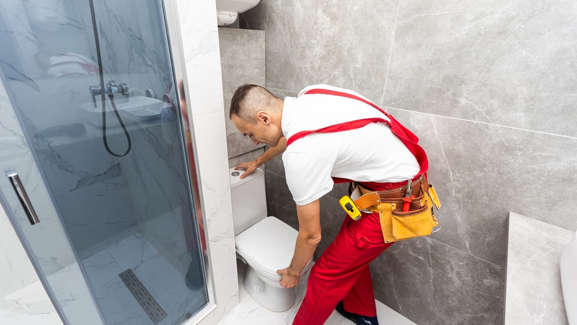 A plumber in a red uniform and tool belt works on a toilet in a modern bathroom with gray tiled walls.