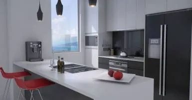 A Kitchen with White Cabinets, a Black Refrigerator, a Stove, a Sink and A Window — Nambucca Plumbing in Nambucca Heads, NSW
