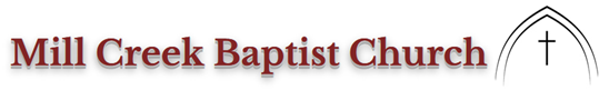 Mill Creek Baptist Church logo with maroon text and a small cross in an arch icon