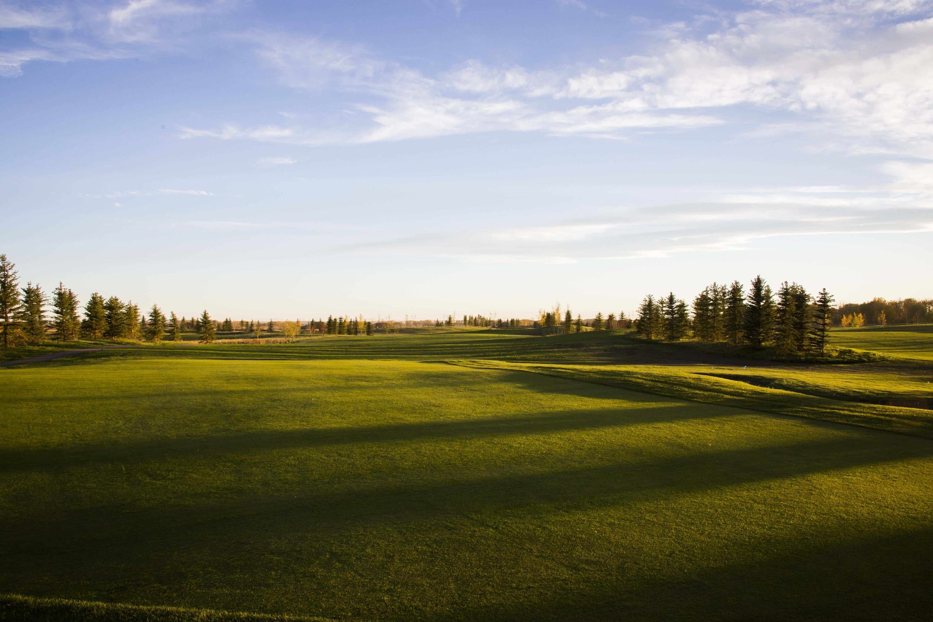 Green golf course with trees under a blue sky and sunlight casting long shadows.