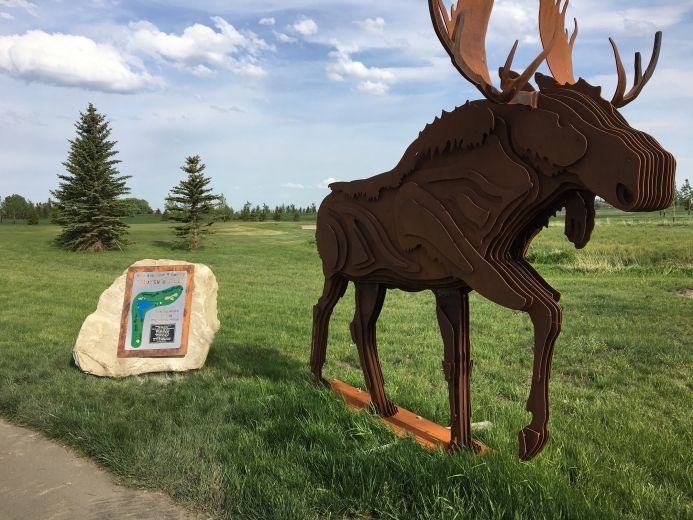 Brown metal moose sculpture next to a sign on a rock, in a grassy field.