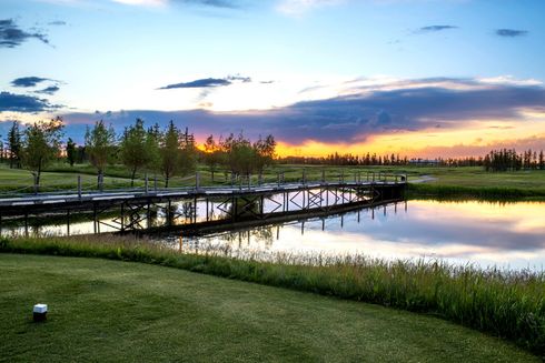 Golfers on a green fairway, golf carts nearby, trees and path along the edges, course in background.