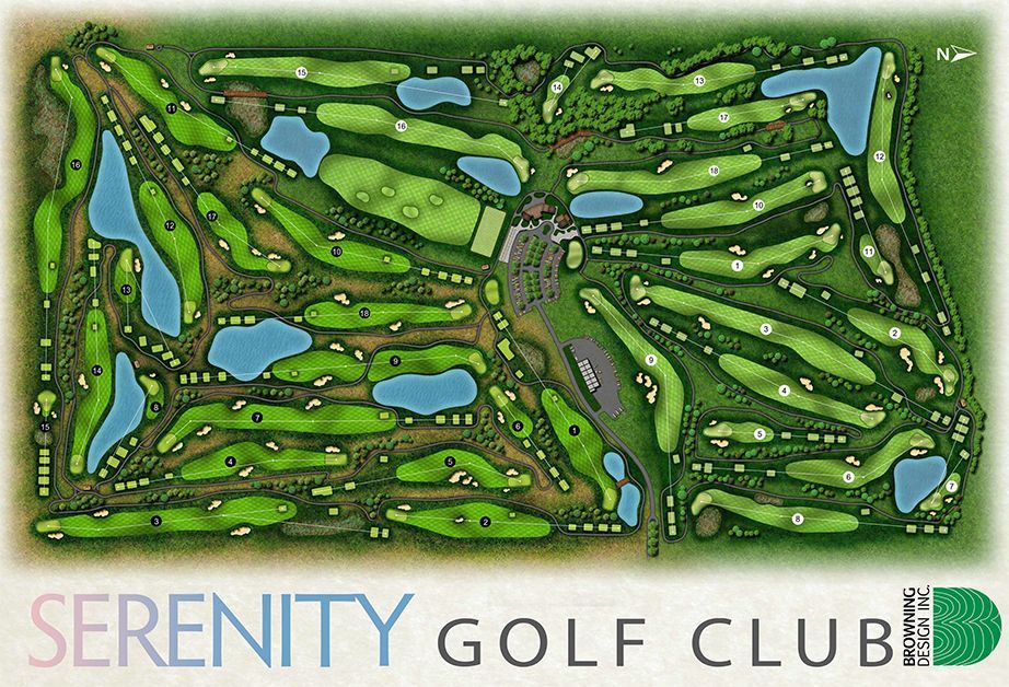 Serenity Golf Club map showing fairways, greens, water hazards, and labeled holes.
