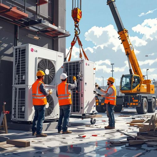 Construction workers installing an air conditioning unit with a crane. 