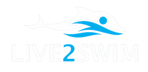 A logo for live 2 swim with a dolphin and a person swimming in the water.