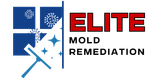 A red white and blue logo for elite mold remediation