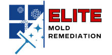 A red white and blue logo for elite mold remediation