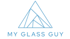 A blue triangle with the words `` my glass guy '' below it.