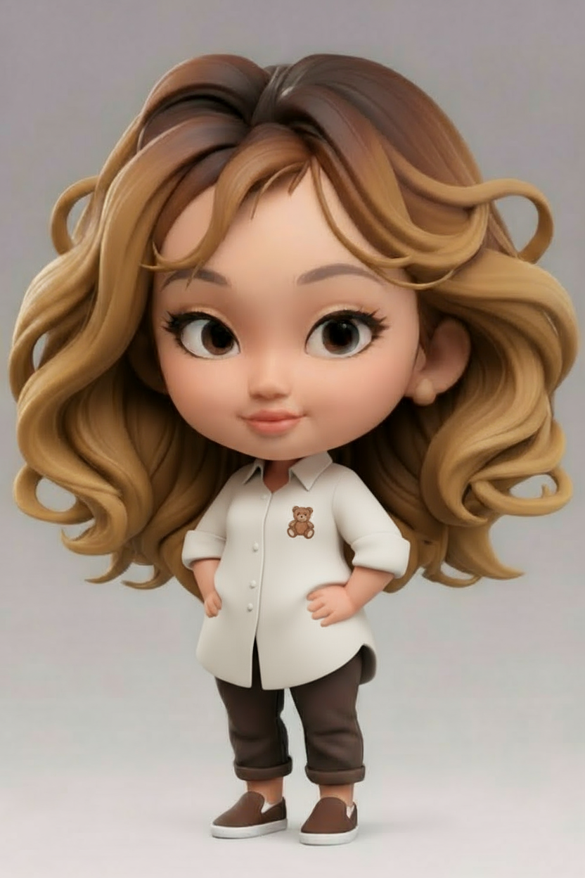 Cartoon figure with wavy ombre hair, hands on hips, wearing a white shirt and brown pants, with a bear emblem.