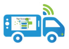 A blue truck with a cell phone on the back of it -- Primary The Scoop LLC Logo