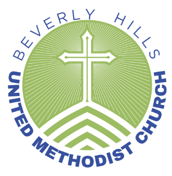 The logo for beverly hills united methodist is a green circle with a cross in the middle.