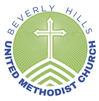 The logo for beverly hills united methodist is a green circle with a cross in the middle.