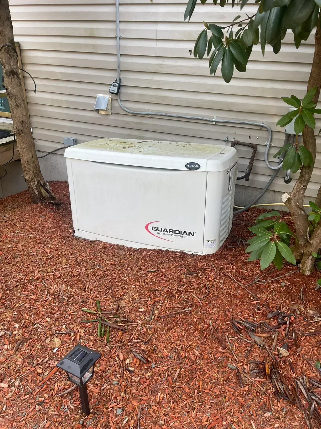 American Electric LLC | A white generator is sitting on top of a pile of mulch next to a house.