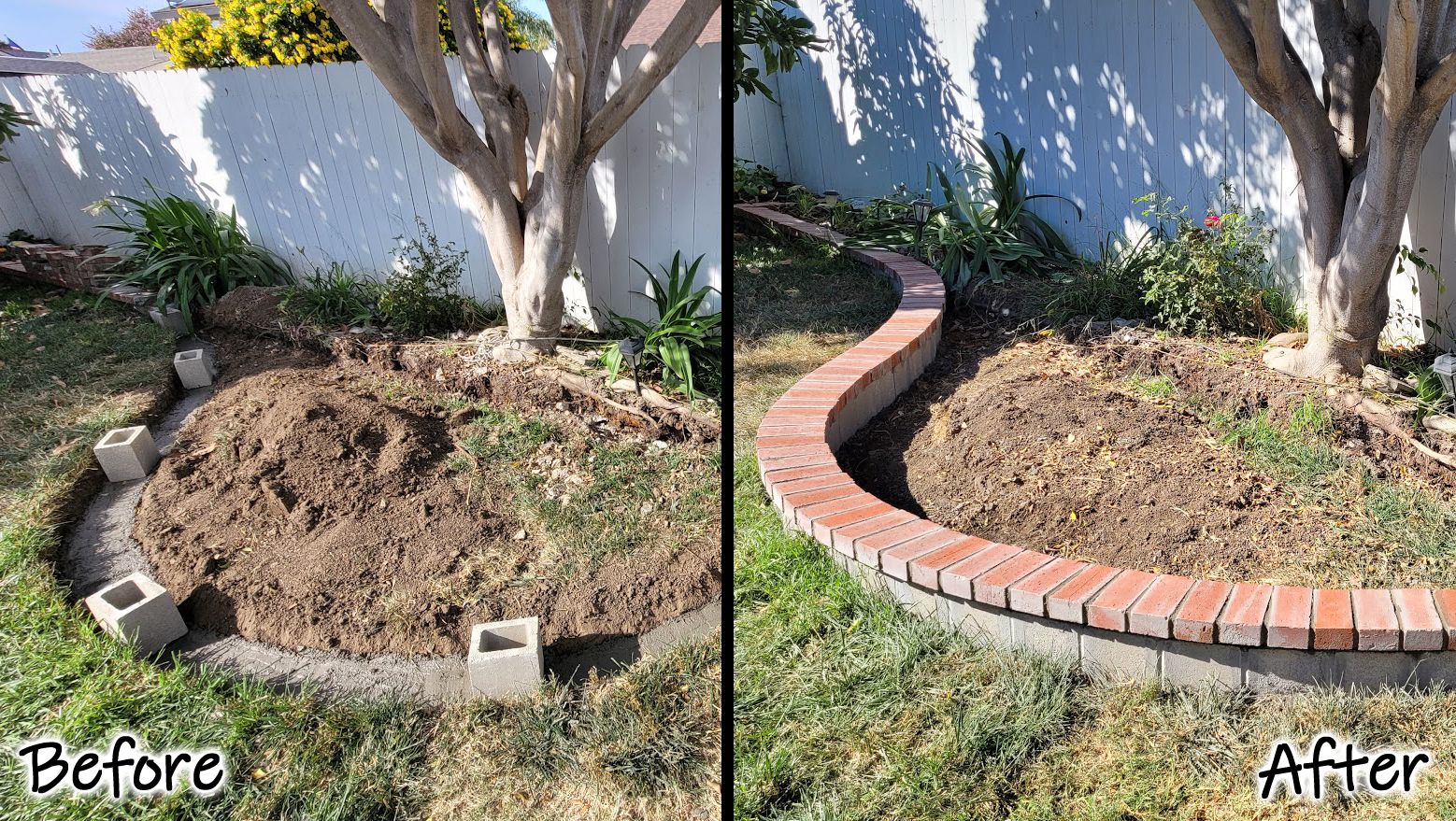 A before and after picture of a brick curb in a garden.
