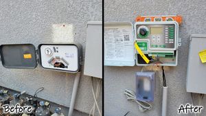 A before and after picture of a sprinkler controller on a wall.