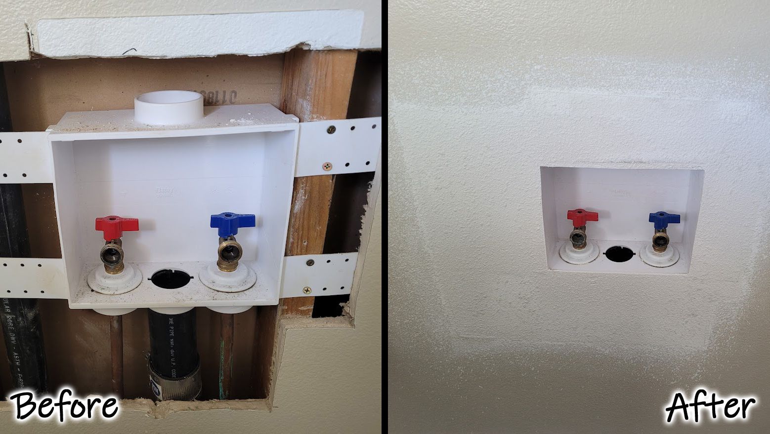 A before and after picture of a hole in a wall