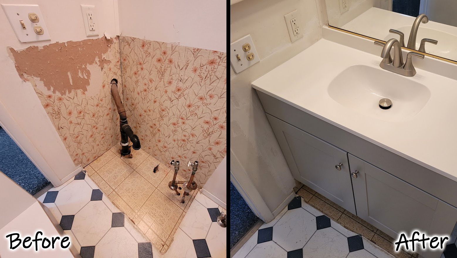 A before and after photo of a bathroom sink