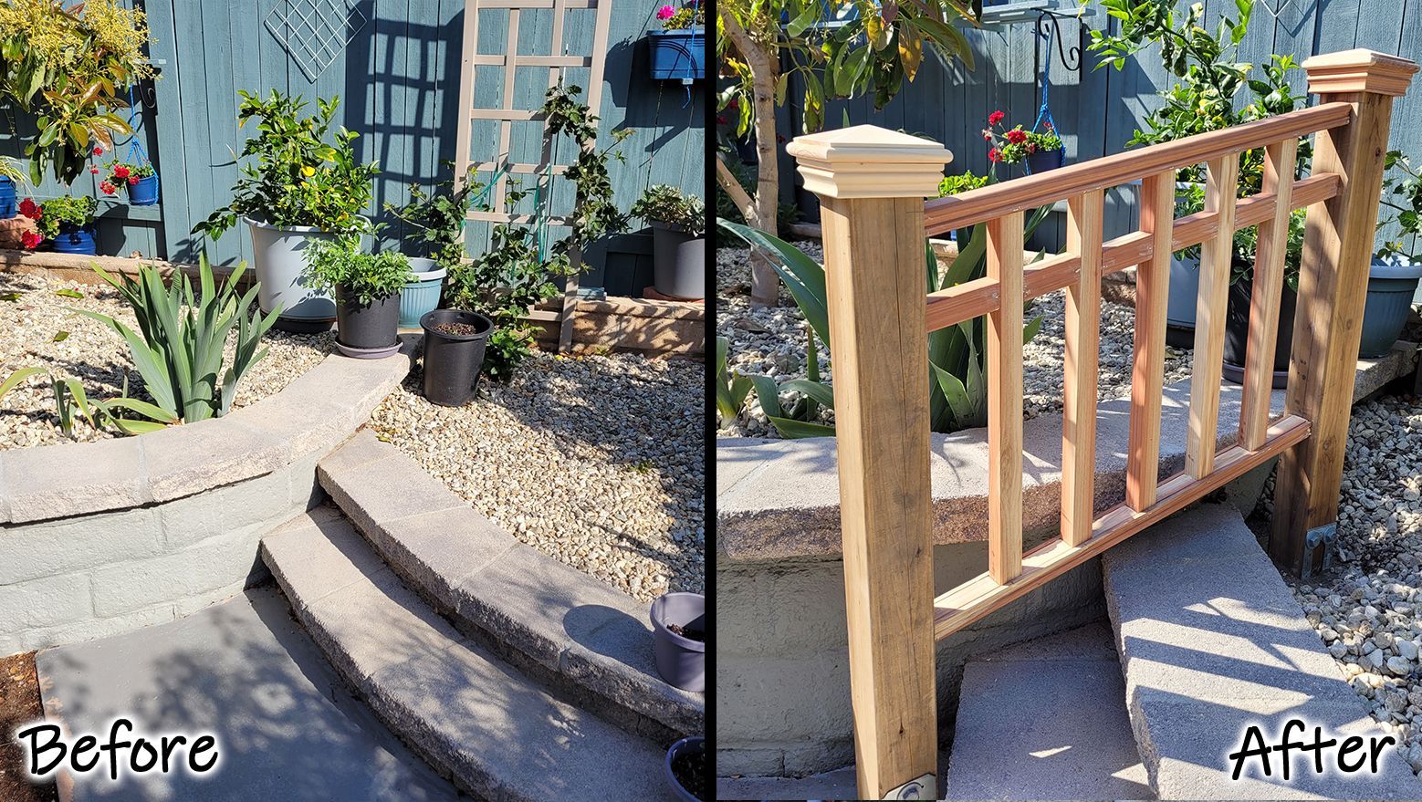 A before and after photo of a wooden railing in a garden.