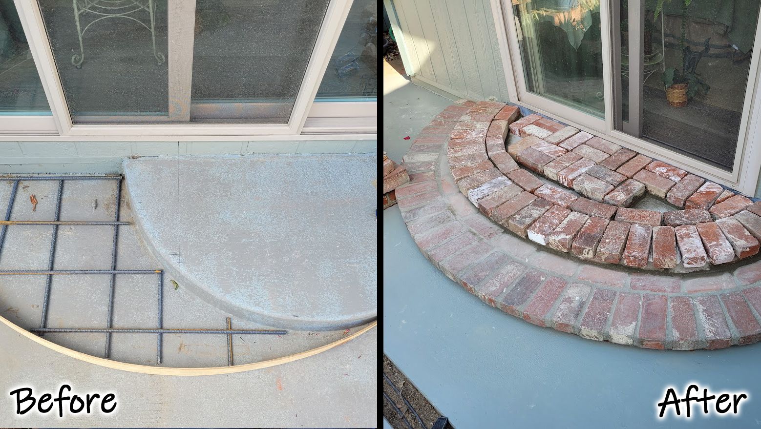 A before and after picture of a brick step