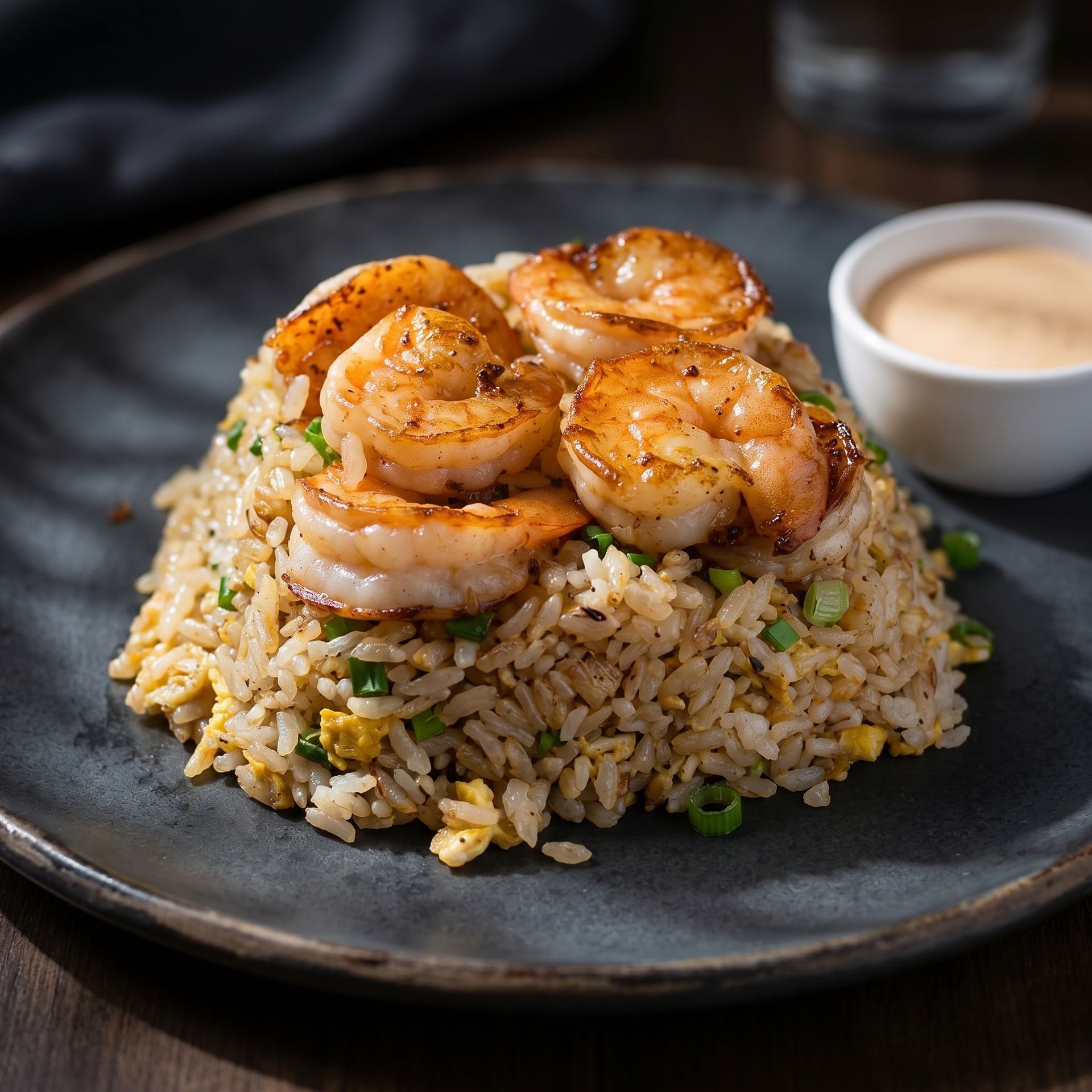 Shrimp fried rice on a dark plate with a small dipping sauce cup
