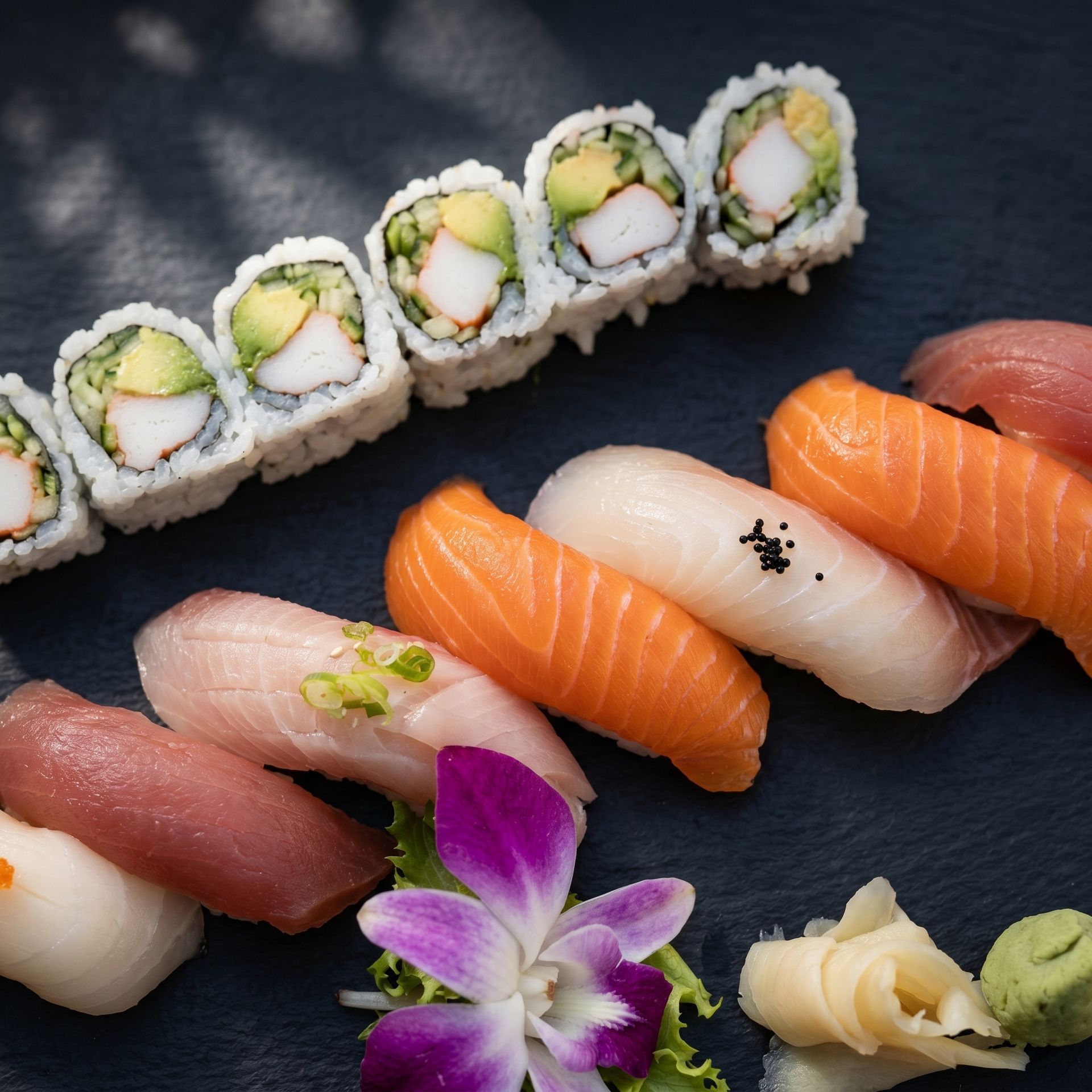 Assorted sushi rolls and nigiri on a dark slate plate, garnished with wasabi, ginger, and a purple flower