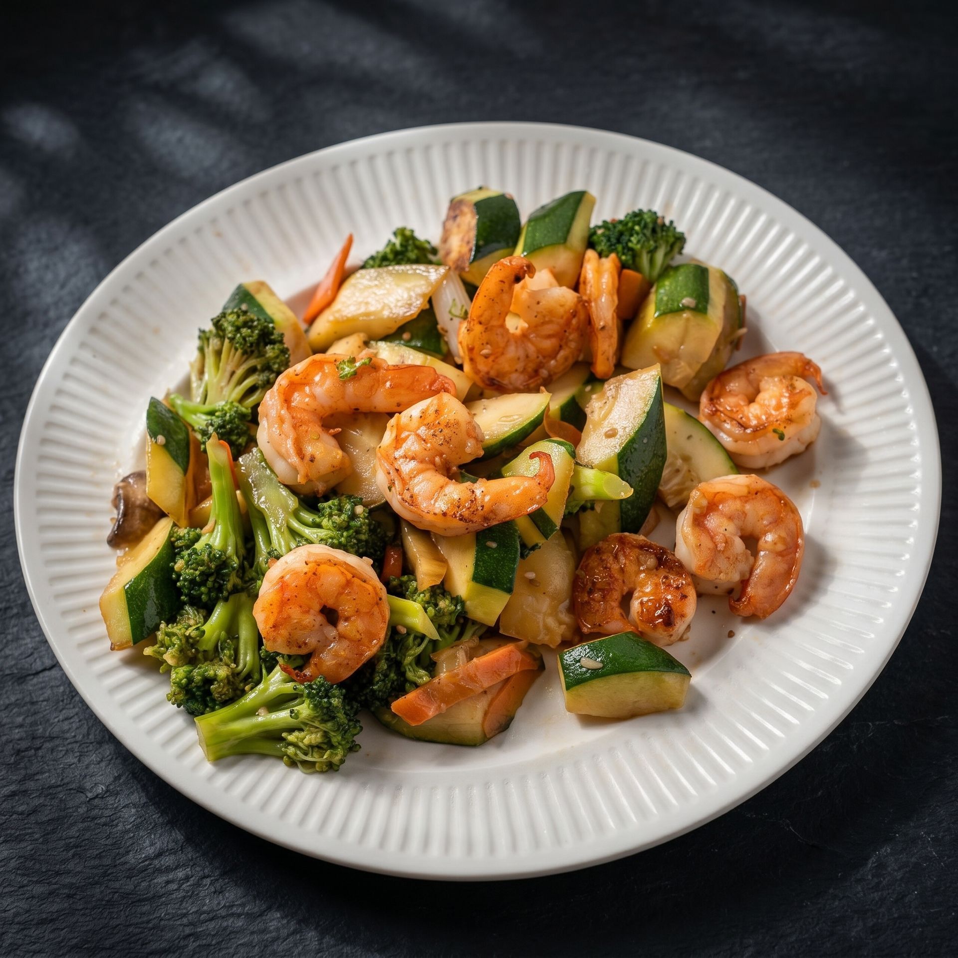 Shrimp and broccoli stir-fry on a white plate with mixed vegetables