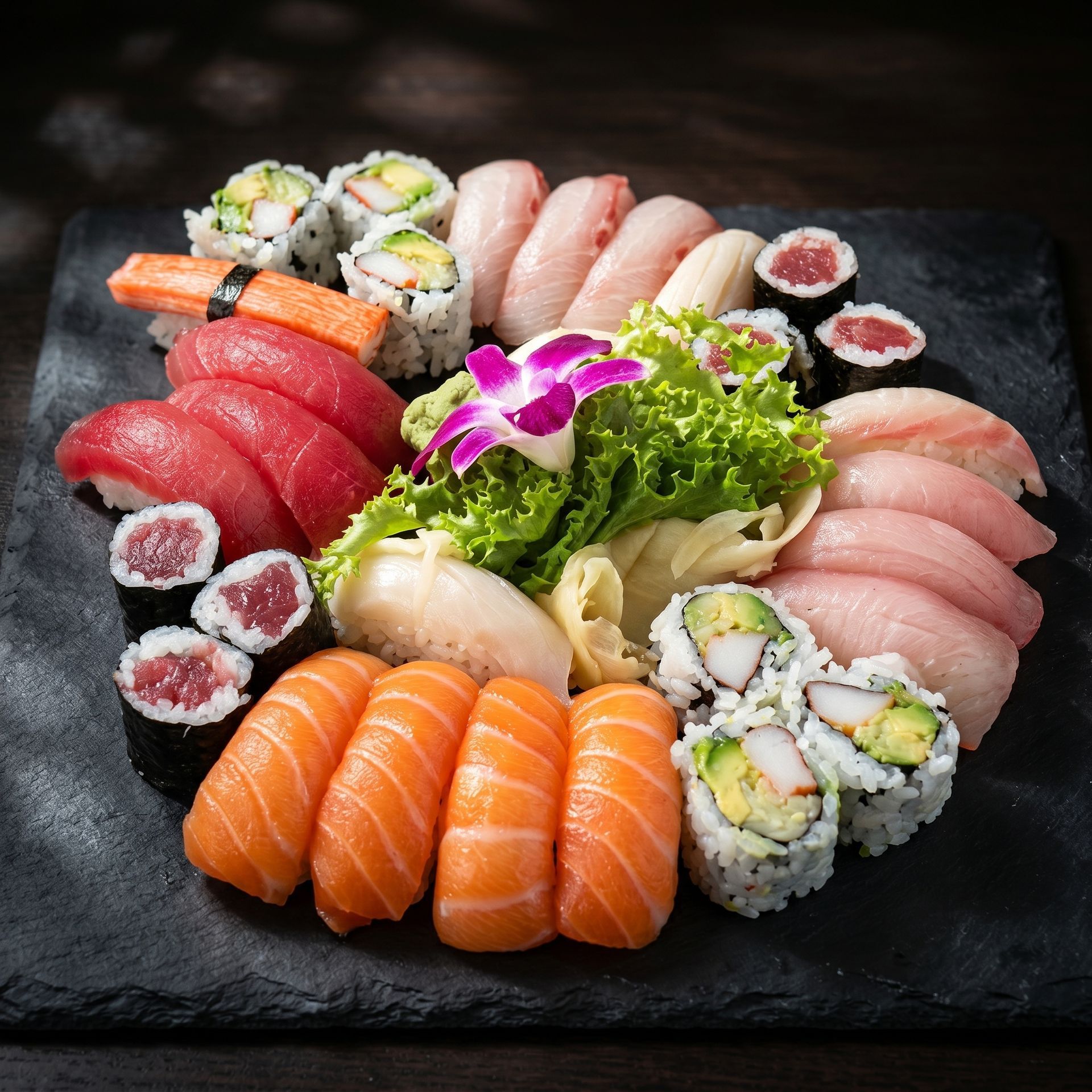 Assorted sushi rolls and nigiri arranged on a black slate platter with green garnish and purple orchid garnish