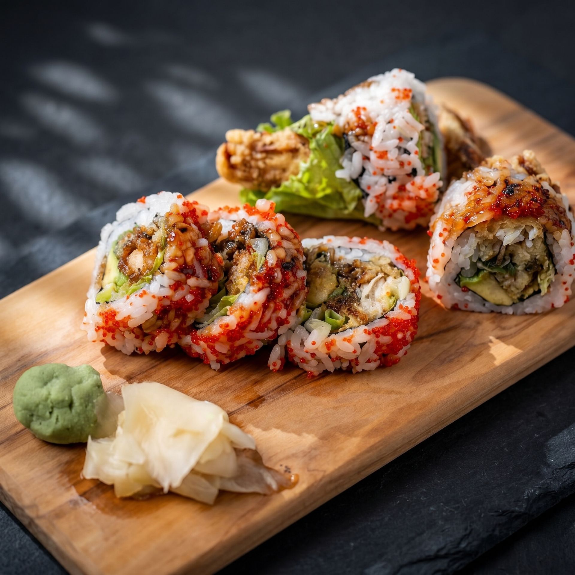 Sushi rolls with red and green toppings on a wooden board, with wasabi and pickled ginger.