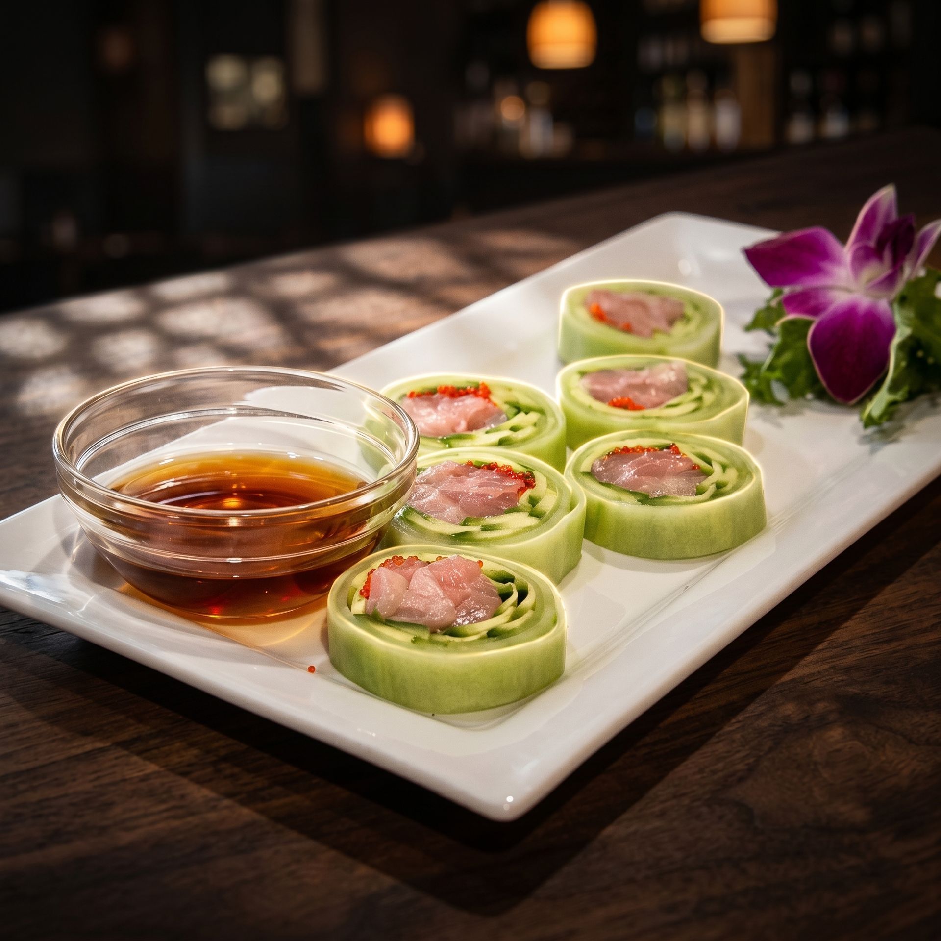 Sushi rolls topped with salmon on a white plate, served with dipping sauce and a purple orchid garnish