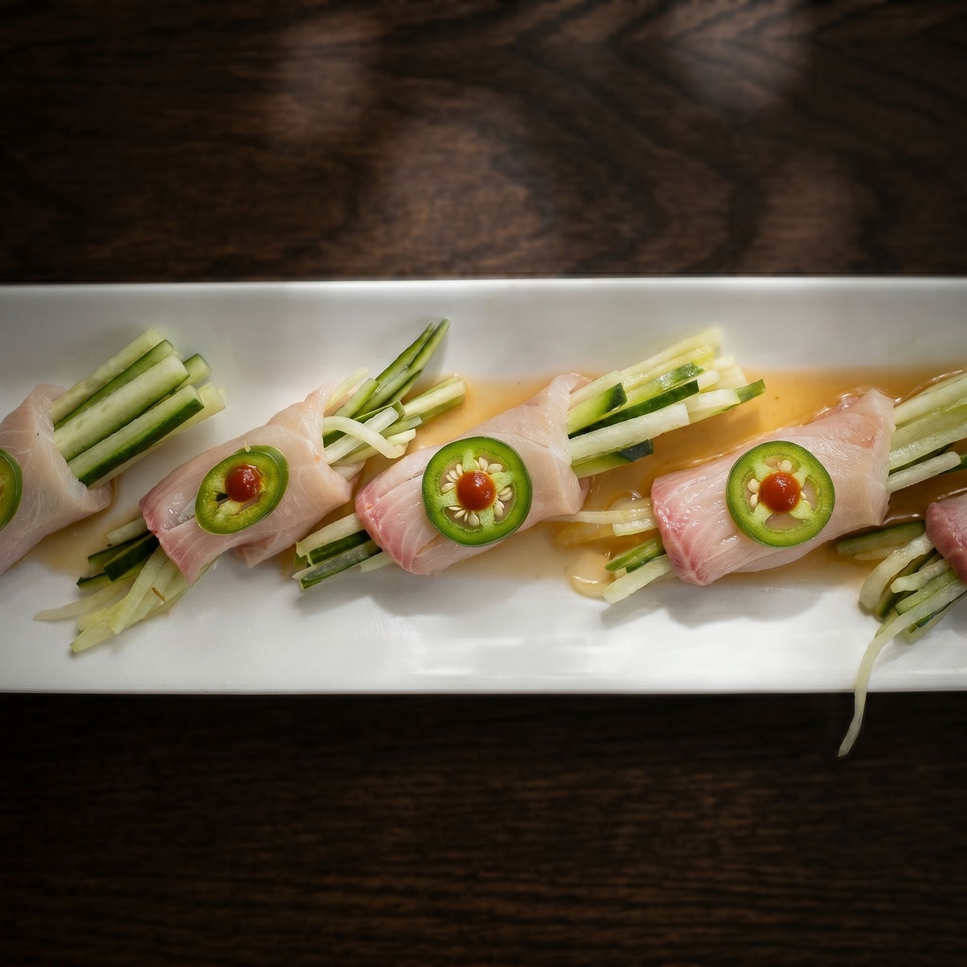 Sushi rolls with cucumber and avocado on a white rectangular plate