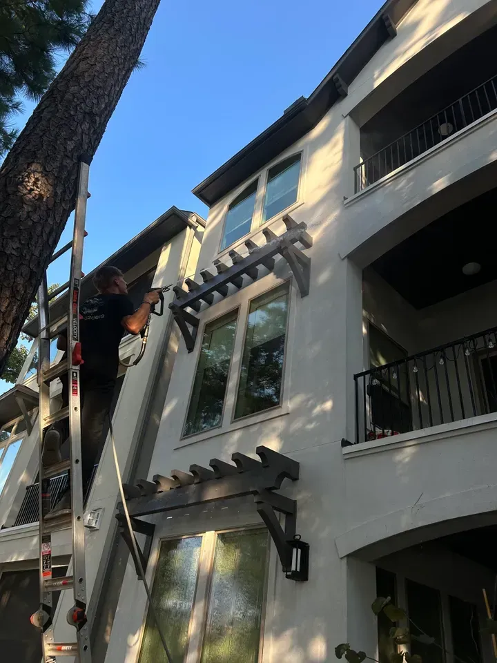A man is standing on a ladder in front of a white house.