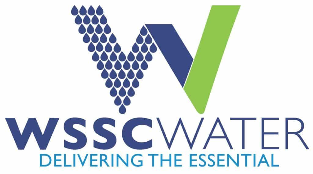 Logo for WSSC Water featuring a stylized 'W' made of blue water droplets next to a green shape, with text below.
