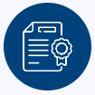 White icon of a document with a seal on a blue circular background.