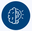 A blue circular icon showing a human brain on the left merged with a lightbulb containing a gear on the right.