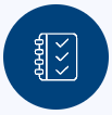A white icon of a spiral-bound notebook with three checkmarks on a solid dark blue circular background.