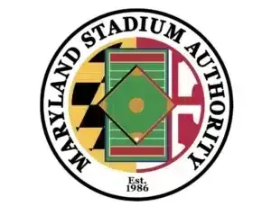 Maryland Stadium Authority logo featuring a circular emblem with a state flag background, a sports field, and text.