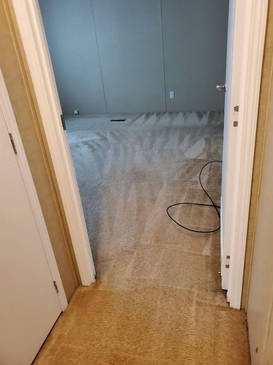 A hallway with a carpeted floor and a doorway leading to a room.