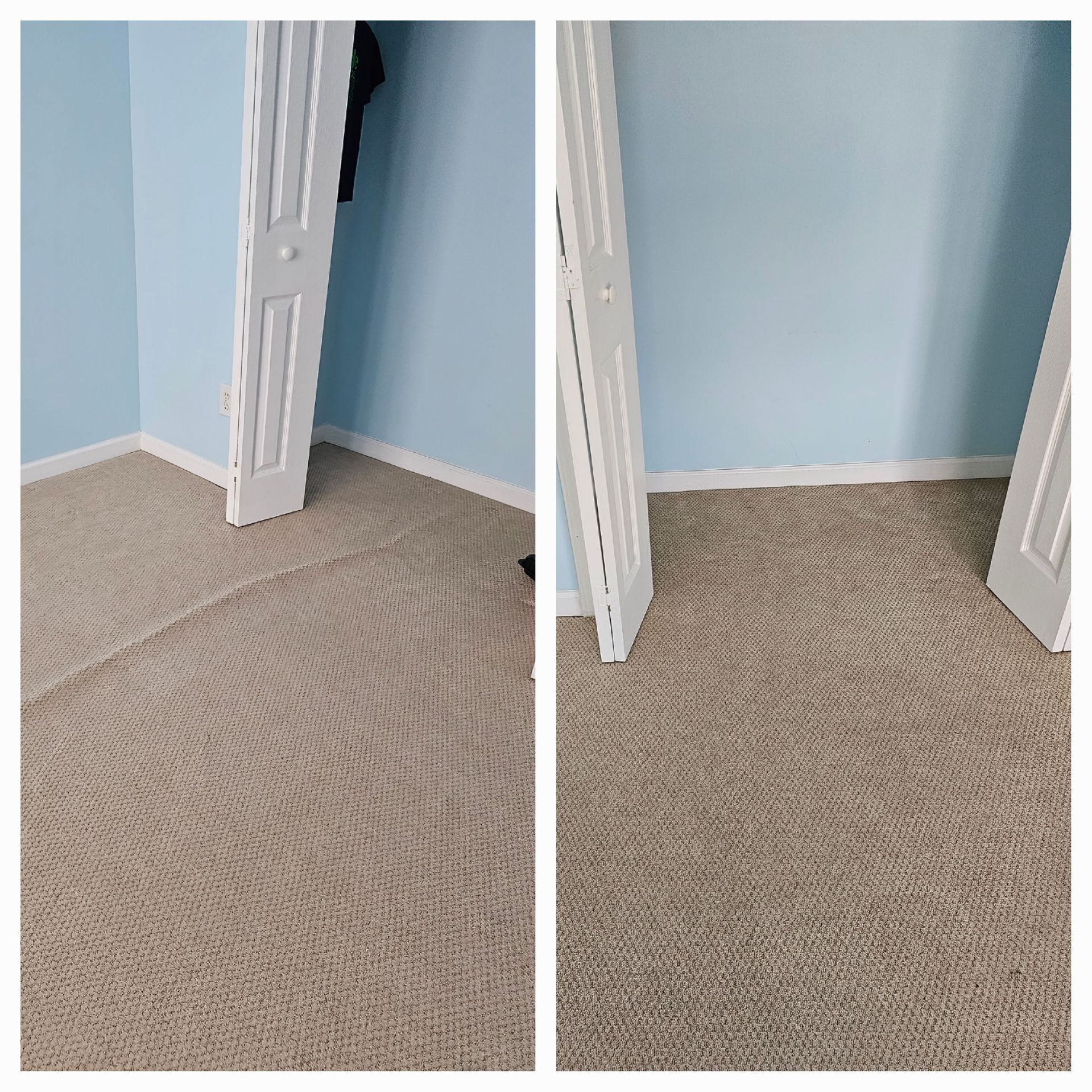Two views of a carpeted room with a light blue wall and white door. The carpet has a visible seam.