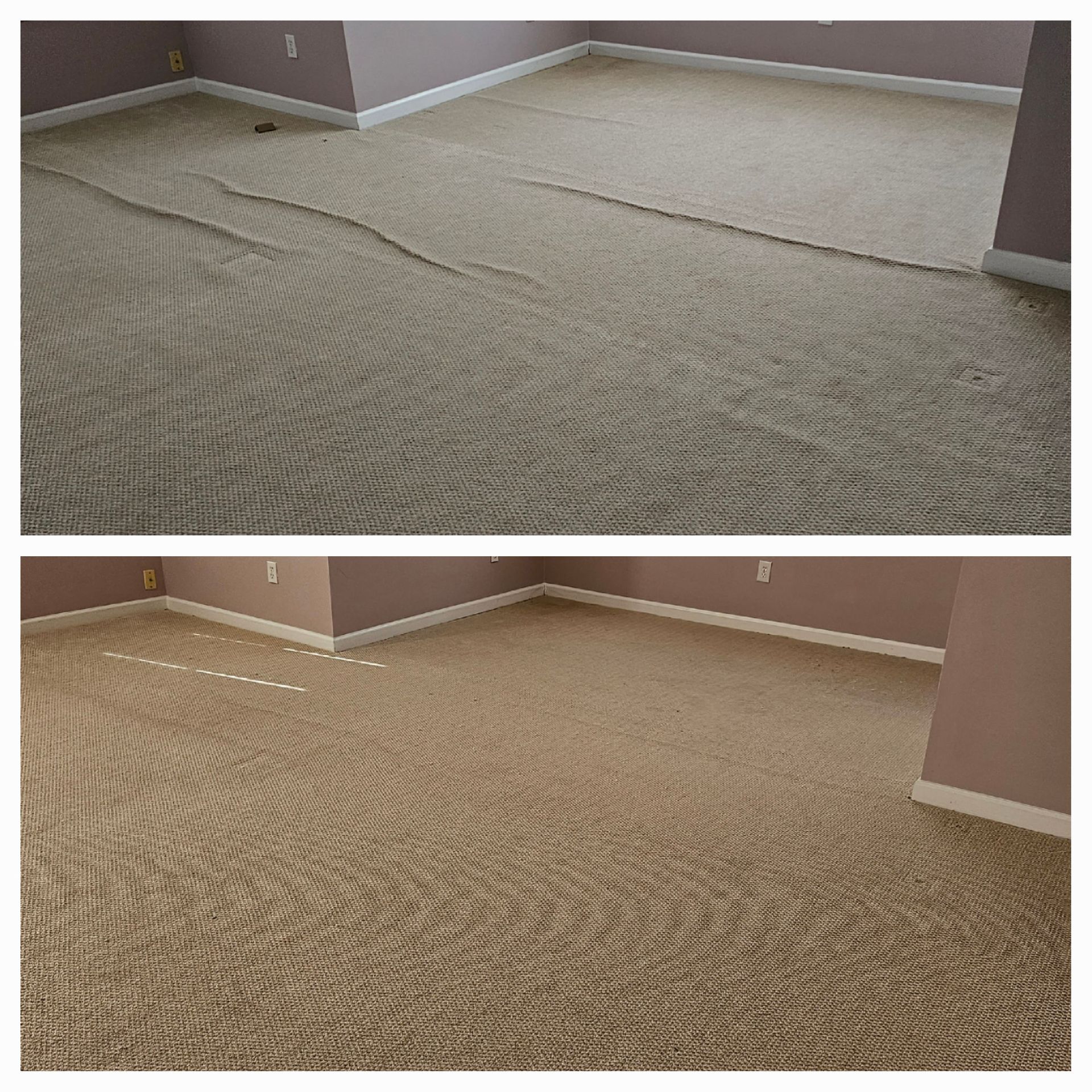 Top: wrinkled beige carpet in a room. Bottom: same carpet smooth after repair.