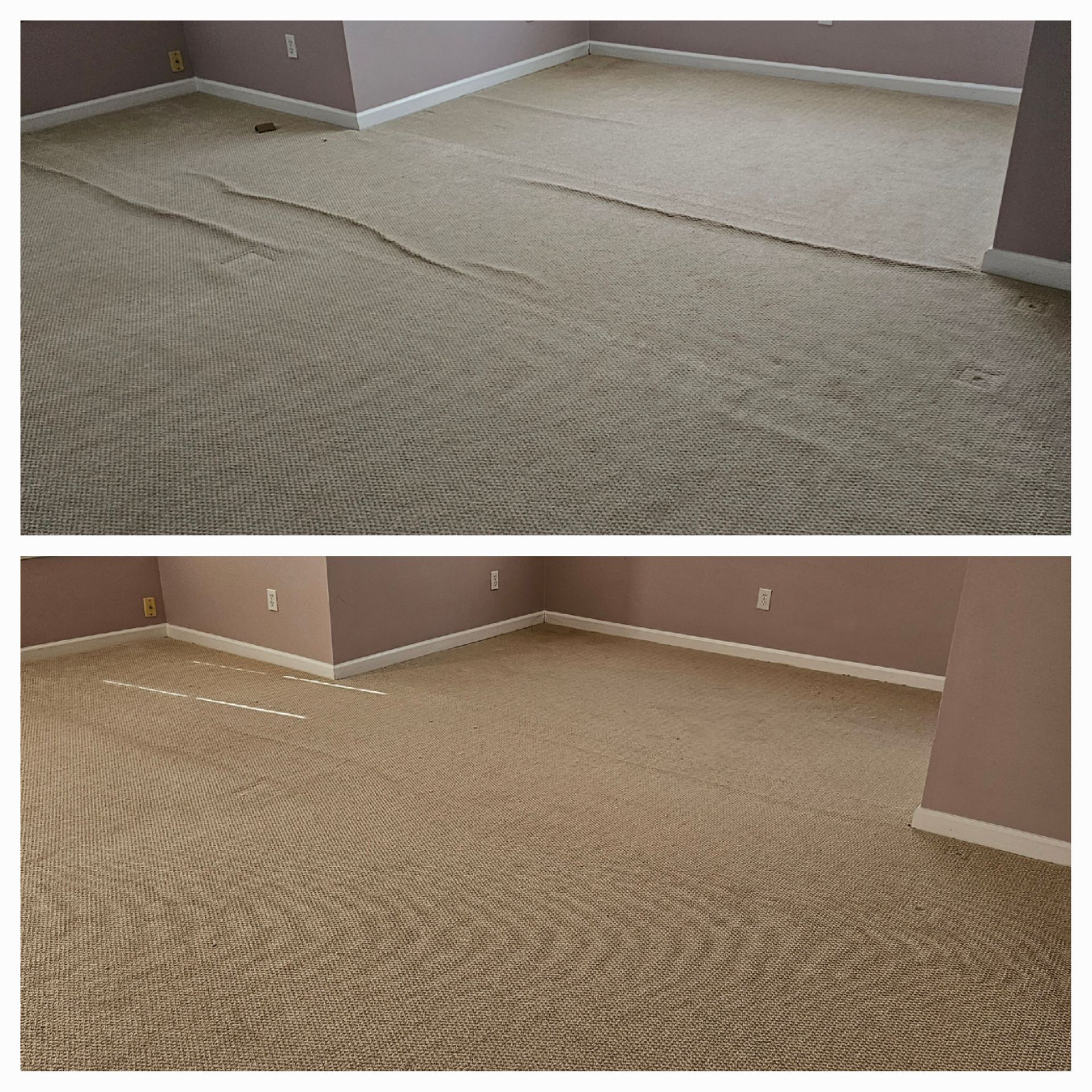 Before and after photos of a tan carpet. Top: carpet has many wrinkles. Bottom: carpet is smooth after repair.