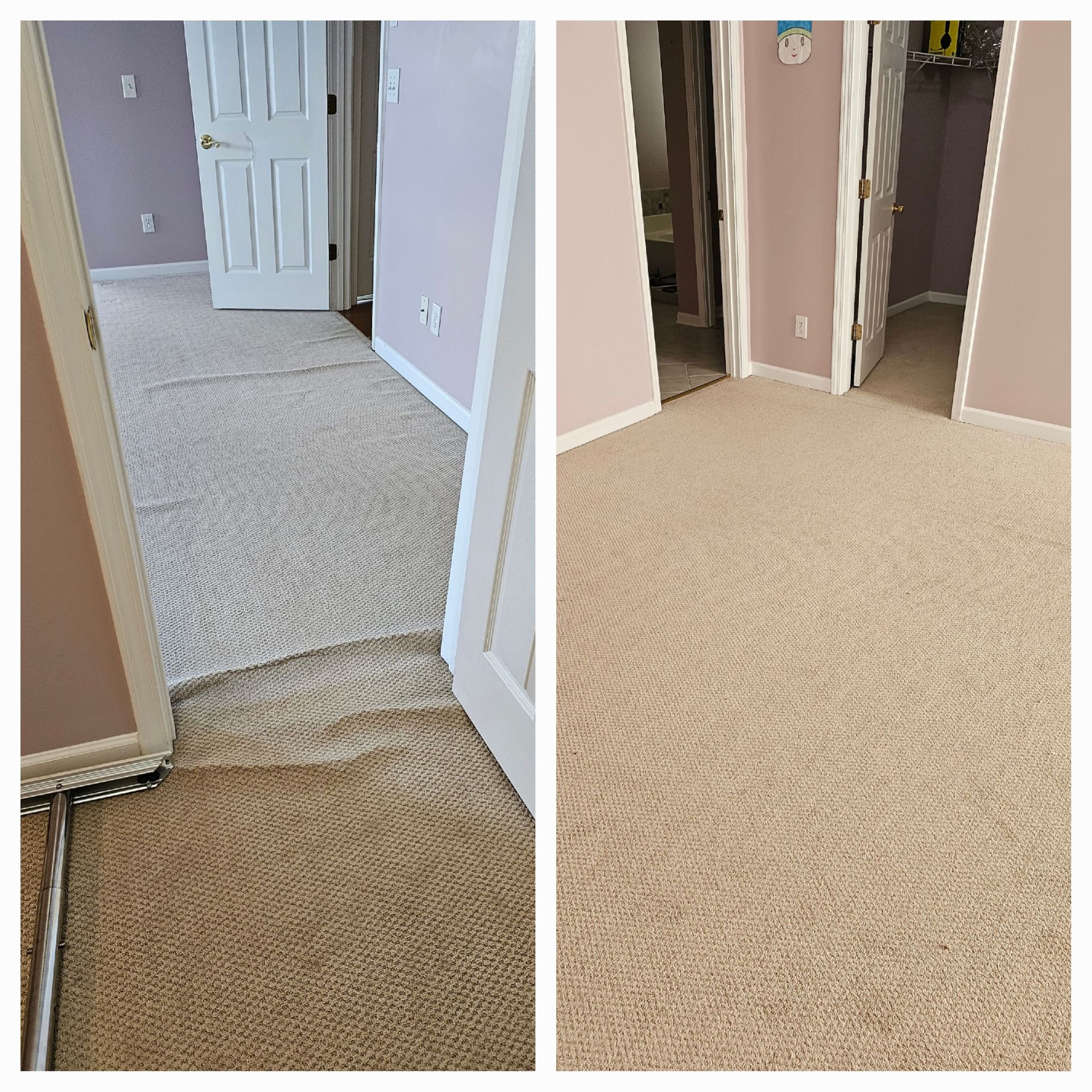 Left: Bedroom carpet with wrinkles. Right: Same carpet, smooth and repaired.
