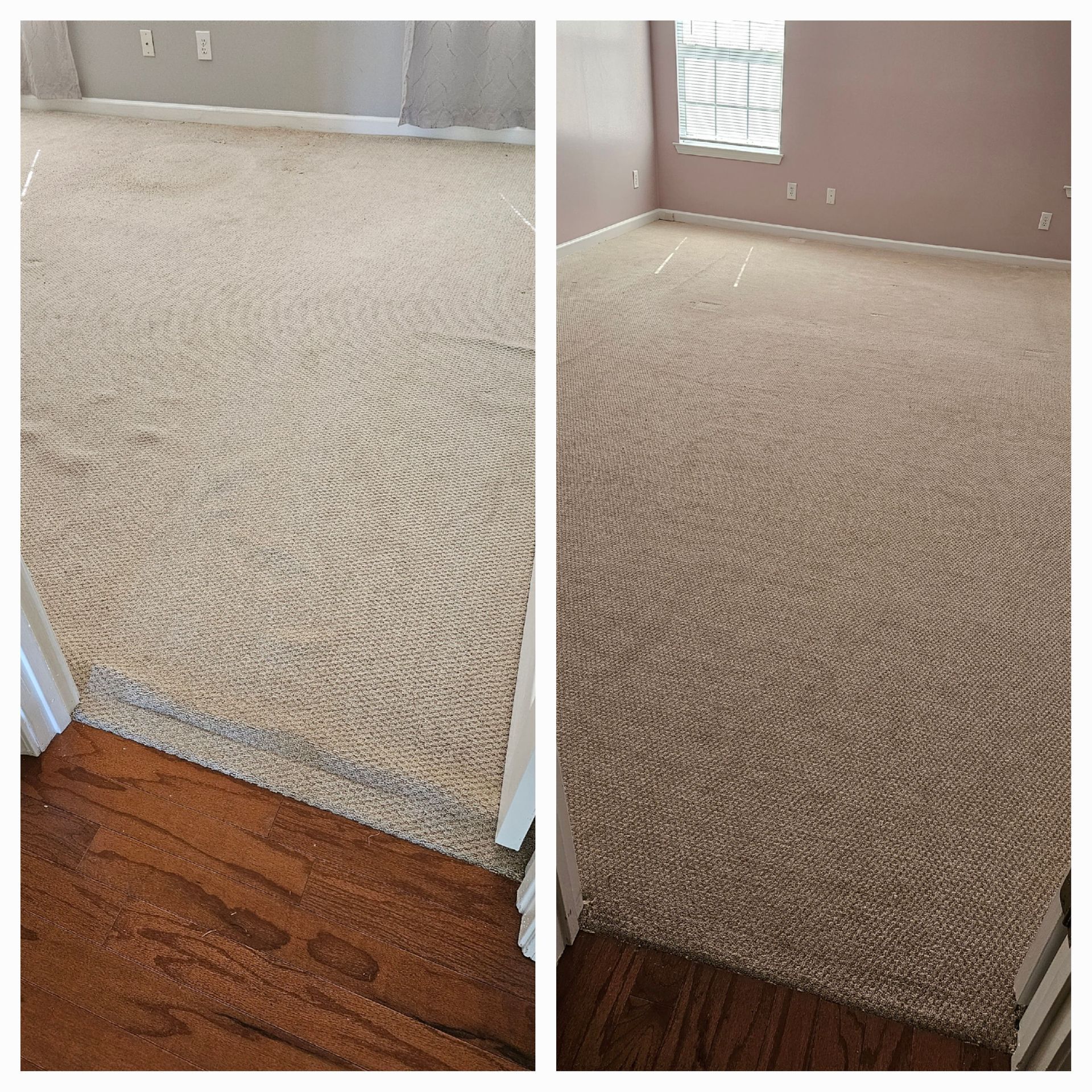 Before and after of a carpeted room; beige carpet is cleaned, revealing lighter color and renewed texture.