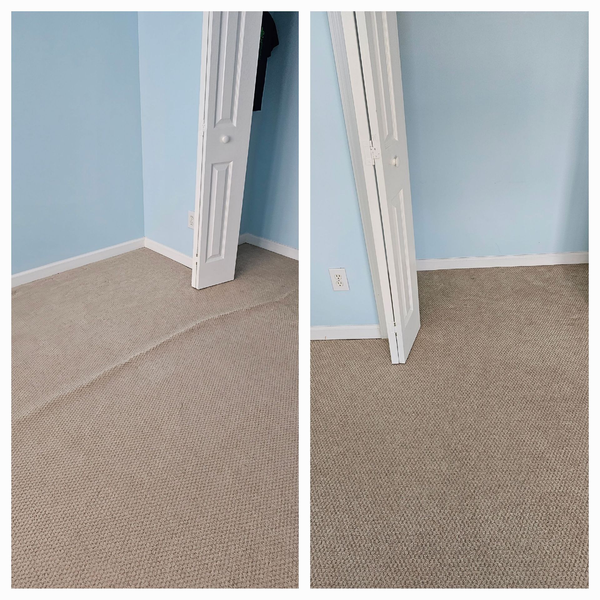 Two photos of tan carpeted room. One corner, white door frame and light blue walls.