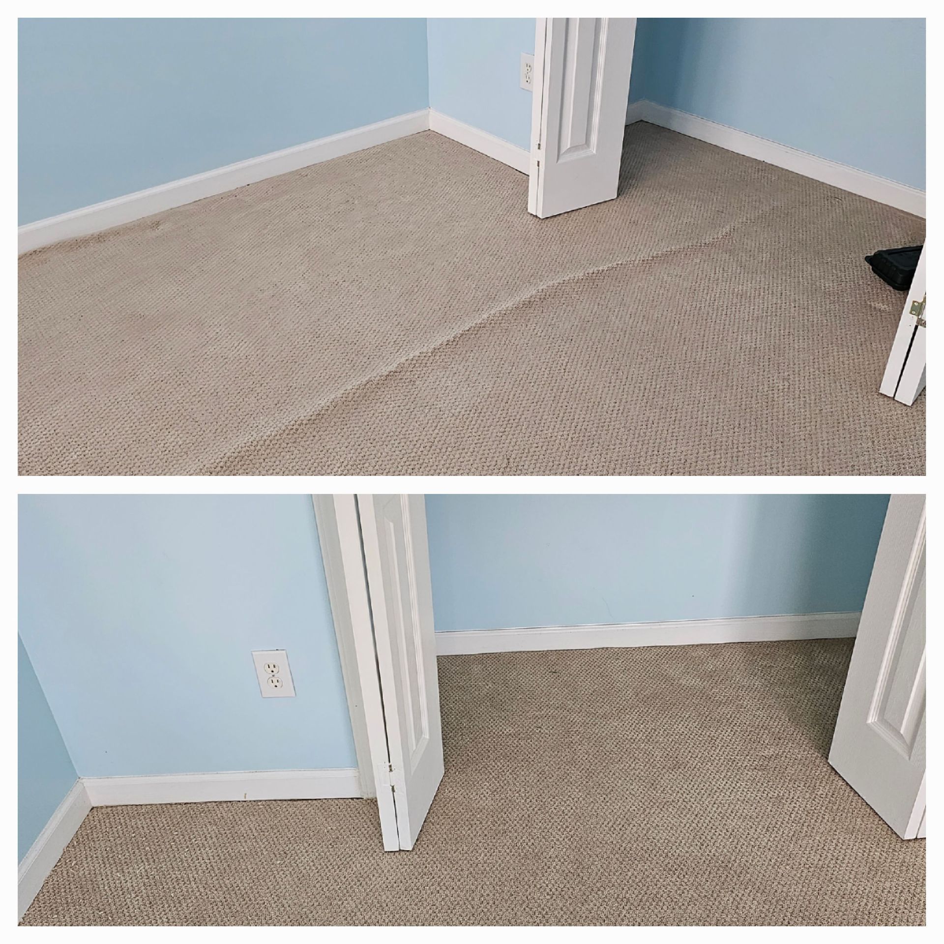 Top: wrinkled beige carpet in a room with blue walls, white trim, and a door. Bottom: same room with smooth carpet.