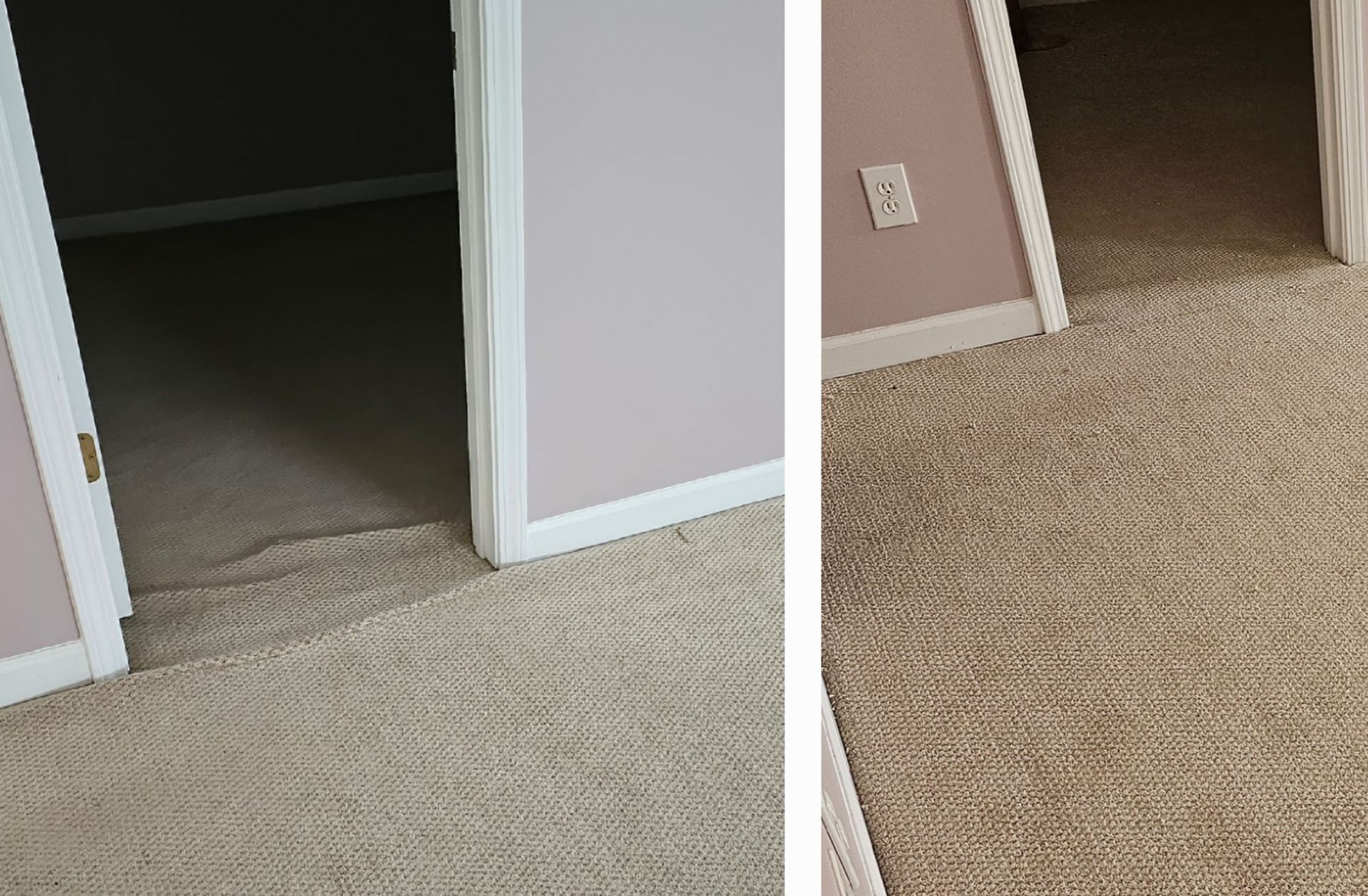 Beige carpet buckling at doorway opening, with purple walls and white trim.