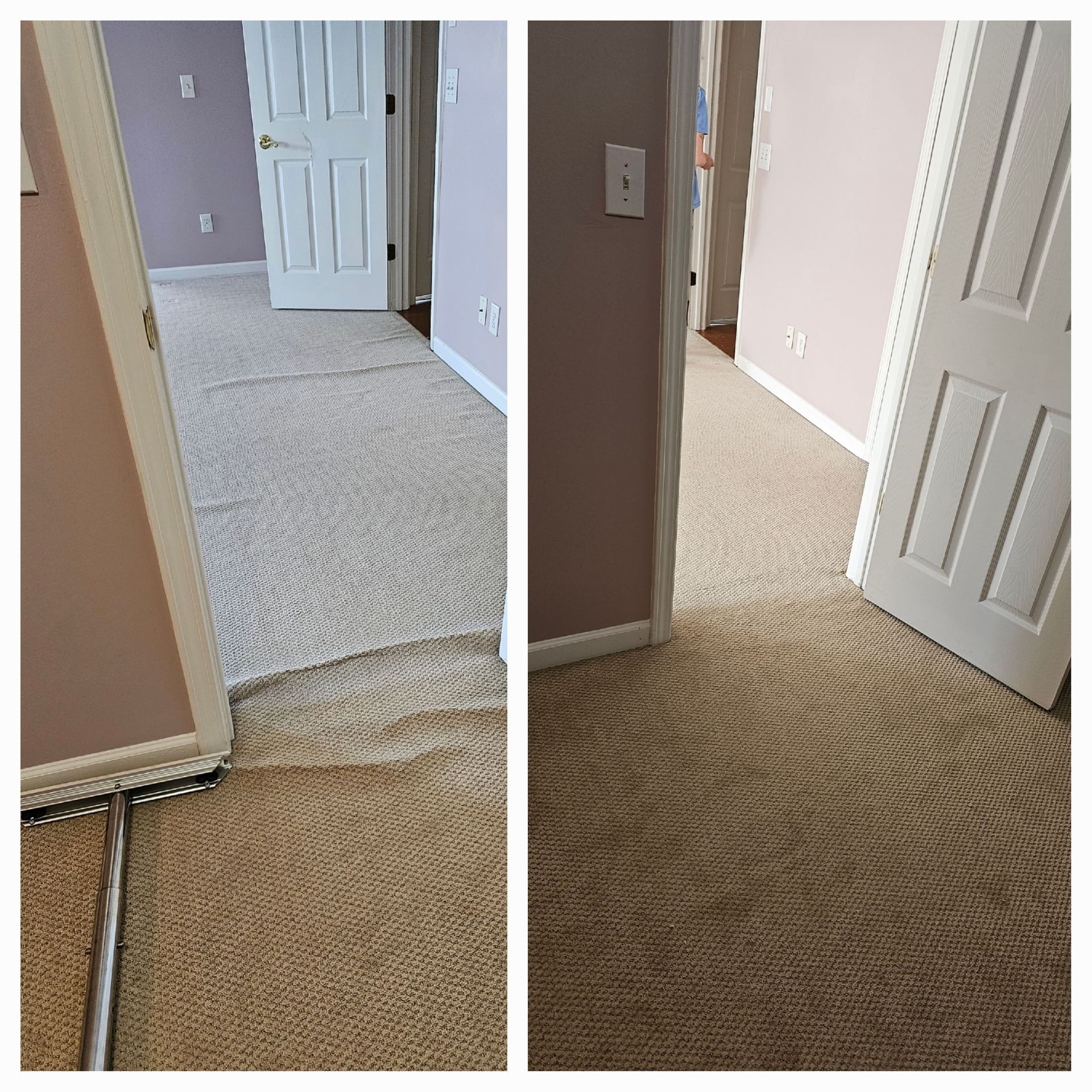 Two photos: Carpet transition repair in a bedroom hallway. Beige carpet, walls are lavender.