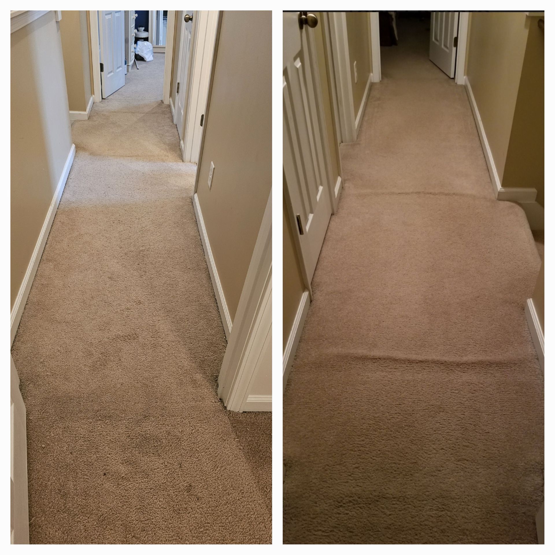 Before and after of a carpeted hallway, showing cleaning results; tan carpet, white trim, neutral walls.
