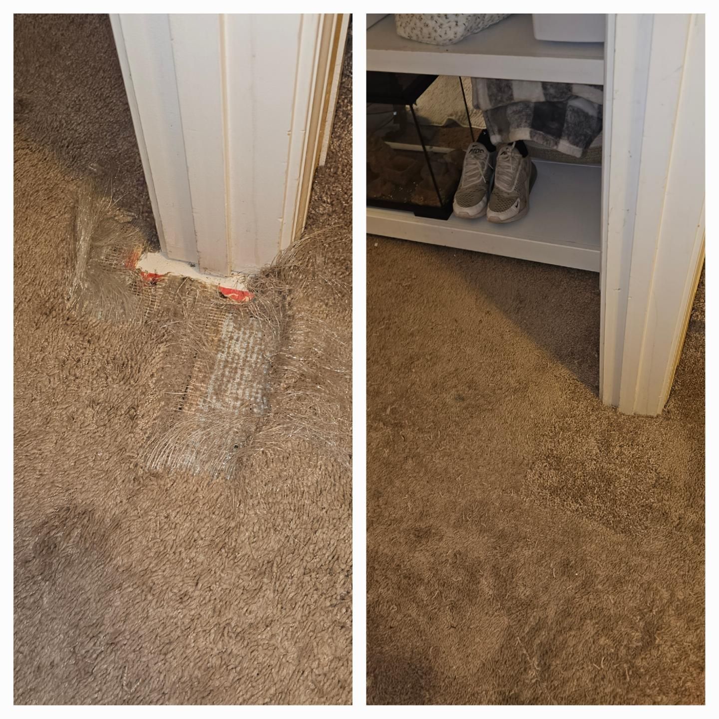 Two-panel view of carpeted area with white trim and a shelf with shoes and baskets. Discoloration on carpet at base of trim.