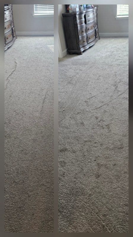 Two side-by-side photos of a carpeted bedroom floor with furniture in the background. The carpet appears to have some stains.